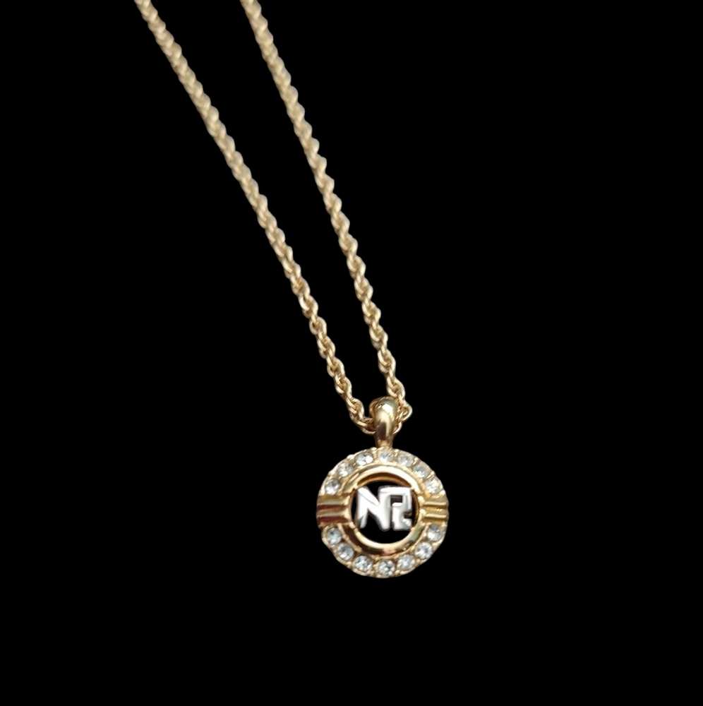 Nina Ricci Vintage Gold NR Logo Medallion Necklace • Rope Chain • Rhinestone Hal